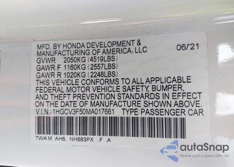 2021 Honda Accord Hybrid Exl from USA, damaged, VIN 1HGCV3F50MA017661